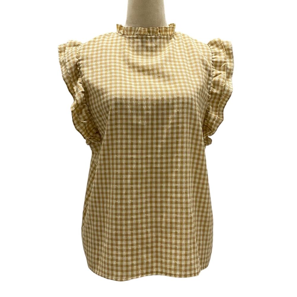 Nanette Lepore Size XL Yellow and White Gingham Smocked Ruffled Short Sleeve Top